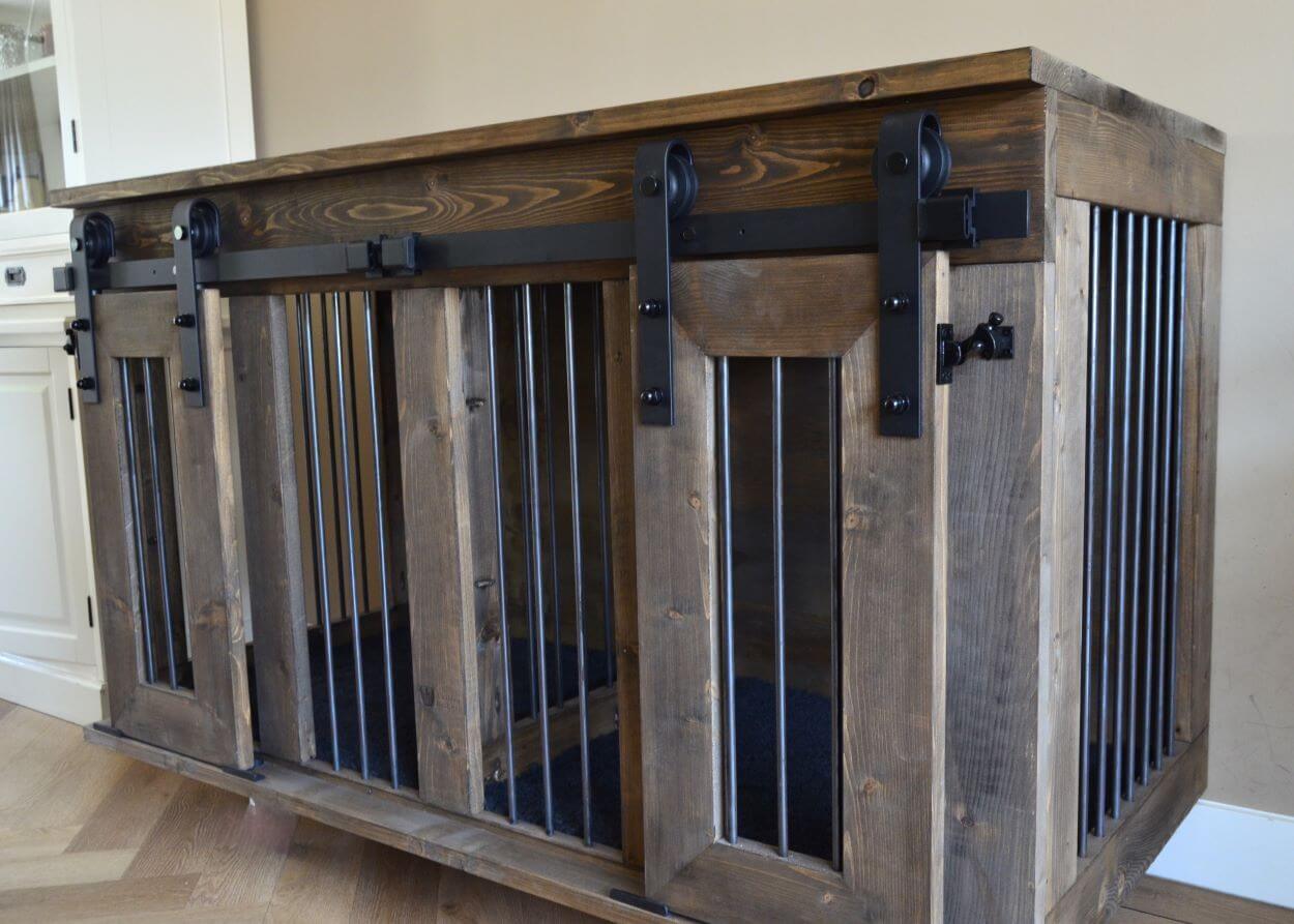 Houten hondenbench dubbel