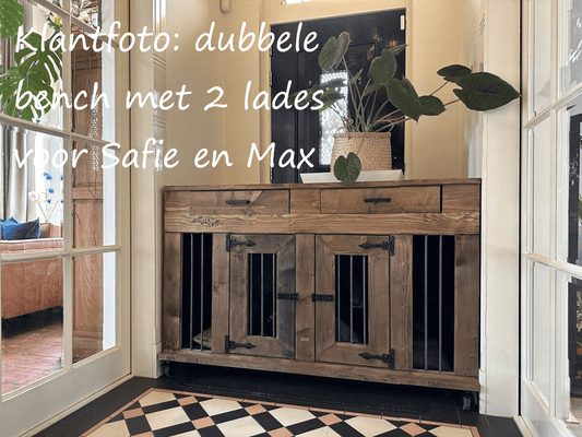 Dubbele houten hondenbench met openslaande deurtjes en 2 lades L155xD87xH90 cm