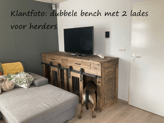 Dubbele houten hondenbench met 2 lades L220xD70xH90 cm