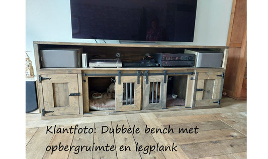 Dubbele houten hondenbench met legplank en opbergruimte L220xD60xH85 cm